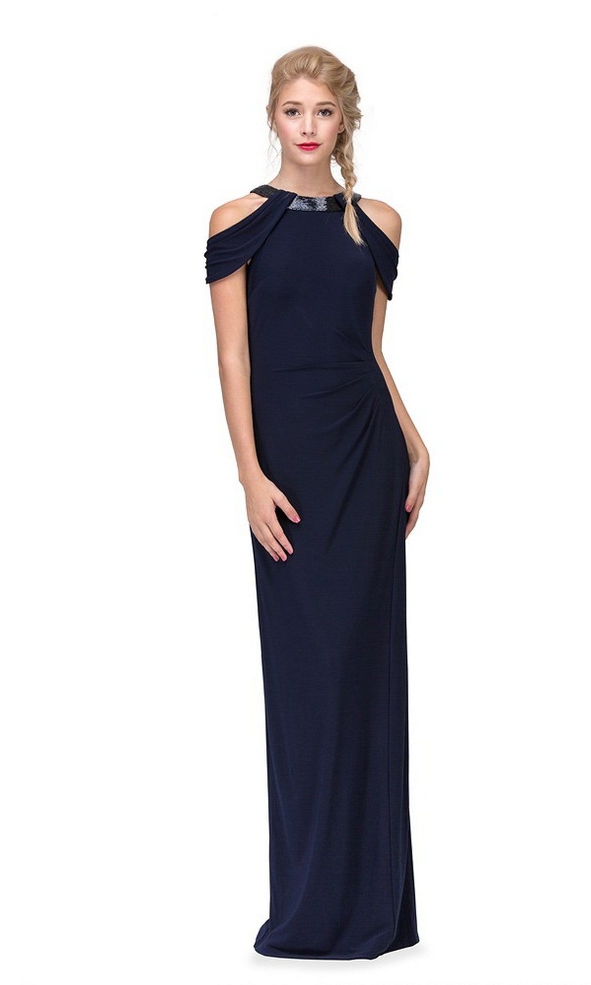 A woman models the Eureka 7400 Long Formal Dress in navy, featuring a cold shoulder neckline and floor-length design, posed against a plain white background.